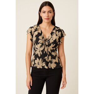 Rails Black Floral Tie-Front Blouse with Beige Flowers